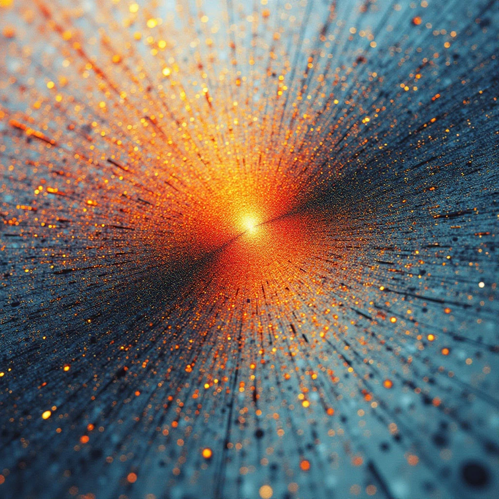 A bright, intense light source radiates outwards from the center of the image. This central glow is surrounded by a dense field of sparkling particles that streak away in all directions, creating a tunnel-like effect. The colors shift from fiery orange and yellow near the core to cool blues further out, suggesting depth and movement.