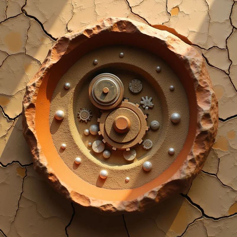 A circular, rough-textured clay bowl sits atop a cracked, tan earth surface, containing various metallic gears and smooth spheres. The composition features warm ochre and sandy tones contrasted by the silver sheen of the small geometric shapes. Light casts soft shadows within the bowl and across the parched ground, emphasizing the depth of the crater and the uneven terrain.