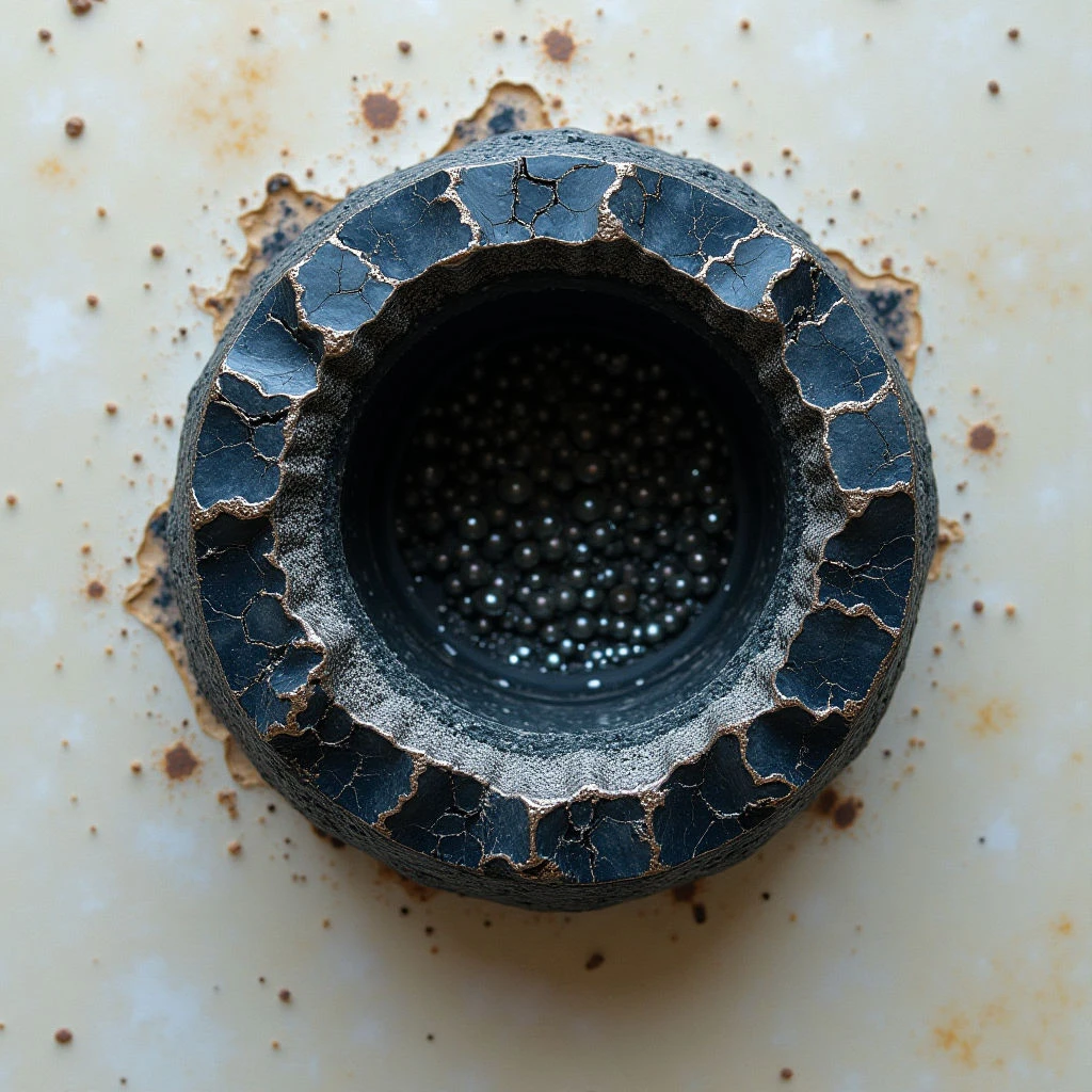 The image centers on a dark, roughly circular form with a jagged, cracked texture surrounding a smooth, densely packed interior of small spheres. Surrounding this is a pale, off-white surface speckled with rust-colored spots and exhibiting areas of damage around the central shape. Light appears to be coming from above, casting subtle shadows within the textured ring and highlighting the reflective quality of the inner spheres.