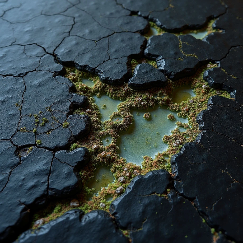 The image features a dark, fractured surface with irregular polygonal shapes and cracks throughout. Patches of pale green liquid are visible within the breaks, edged by clusters of small, textured growths in shades of brown and olive. Light appears diffuse, casting subtle shadows that emphasize the depth of the fissures and the unevenness of the surrounding material.