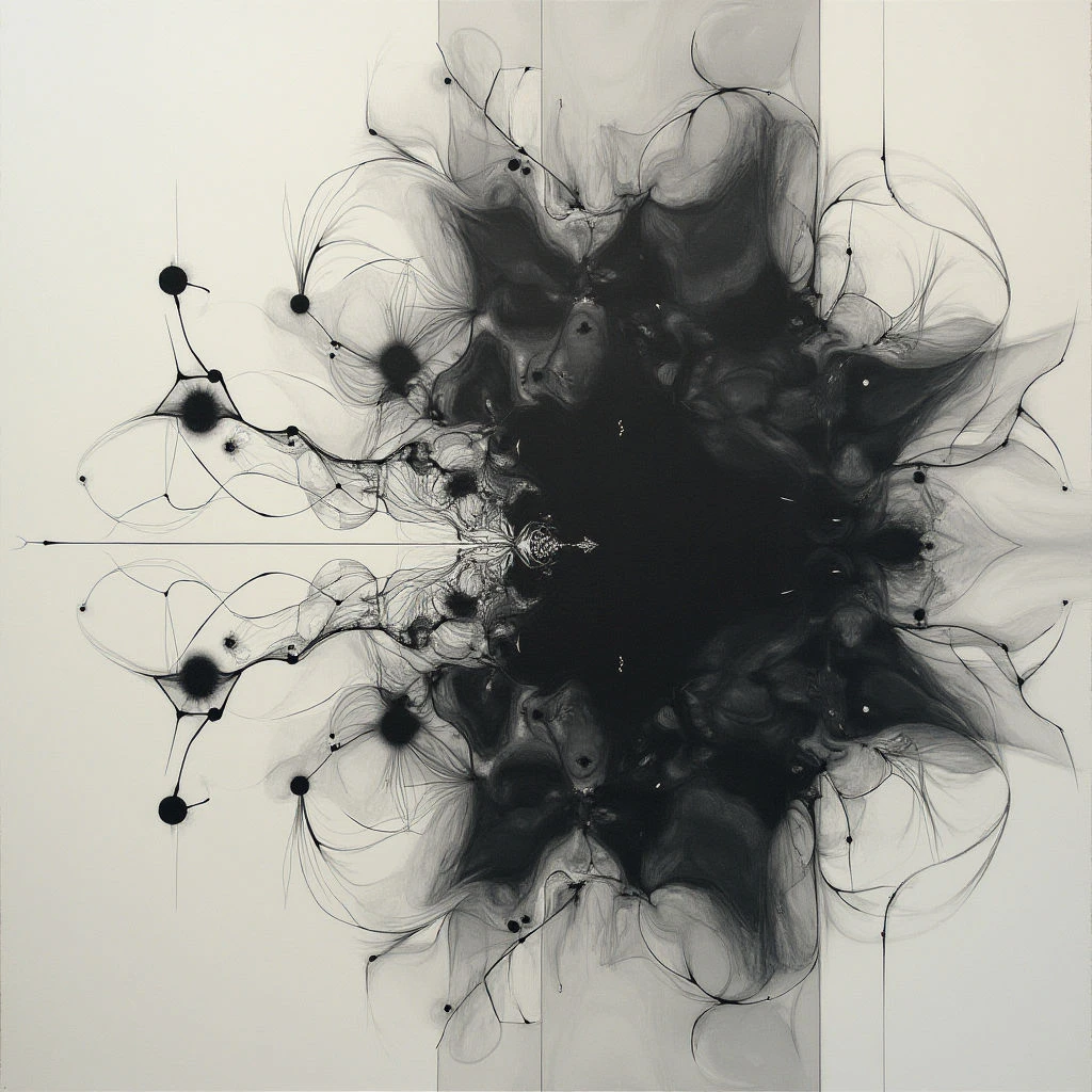 A dark, swirling mass dominates the center of a stark white background, resembling an explosion or complex organic form. Delicate lines extend outward from the central shape like roots or veins, branching and connecting with small, darkened nodes along the edges. The overall effect is both chaotic and symmetrical, suggesting growth, decay, or perhaps a network of interconnected systems.