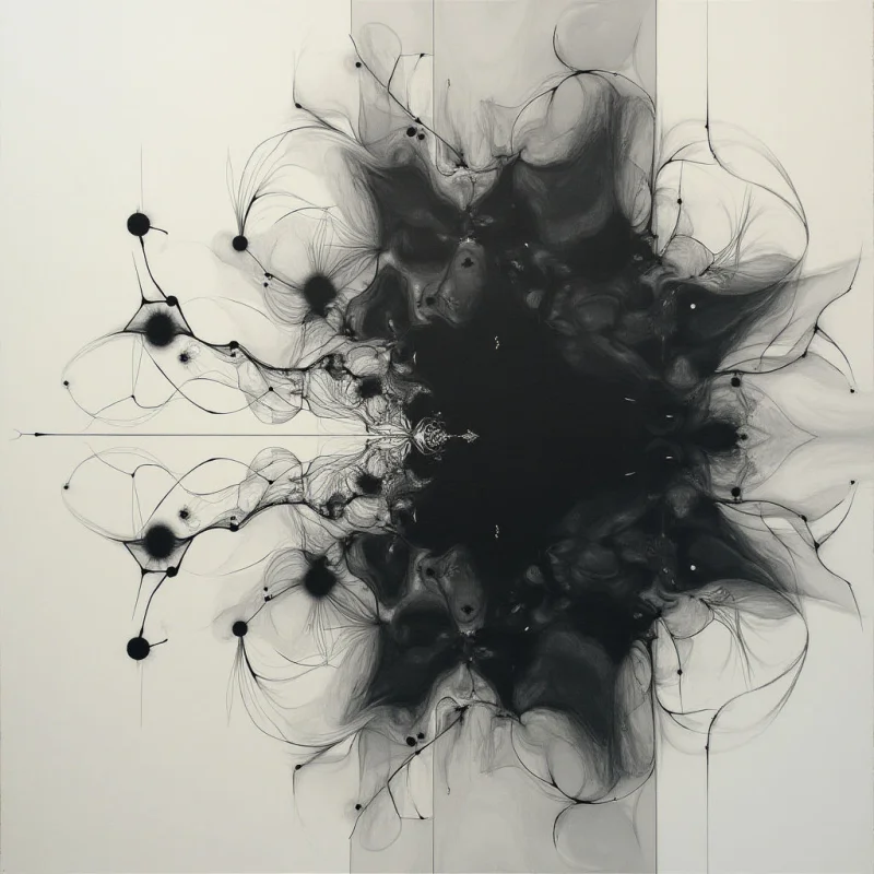 A dark, swirling mass dominates the center of a stark white background, resembling an explosion or complex organic form. Delicate lines extend outward from the central shape like roots or veins, branching and connecting with small, darkened nodes along the edges. The overall effect is both chaotic and symmetrical, suggesting growth, decay, or perhaps a network of interconnected systems.