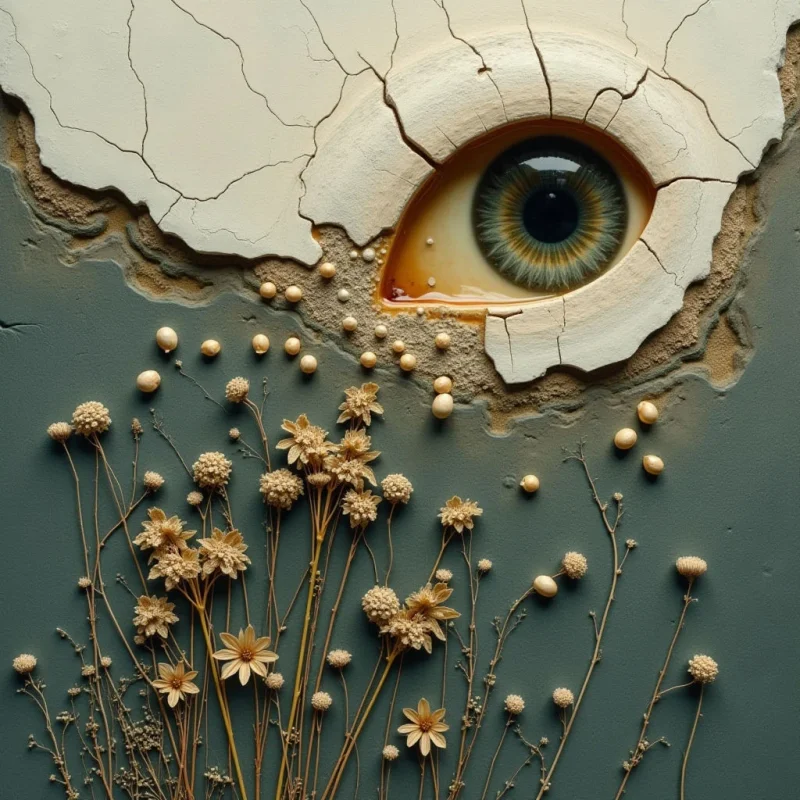 The image features a predominantly muted color palette of teal and beige, with accents of amber and cream. A cracked, eggshell-like surface gives way to reveal an eye, accompanied by small spherical shapes and delicate dried flowers extending upwards from a textured base. Light appears soft and diffused, creating subtle shadows that emphasize the depth within the fractured composition and the spatial arrangement of the floral elements.