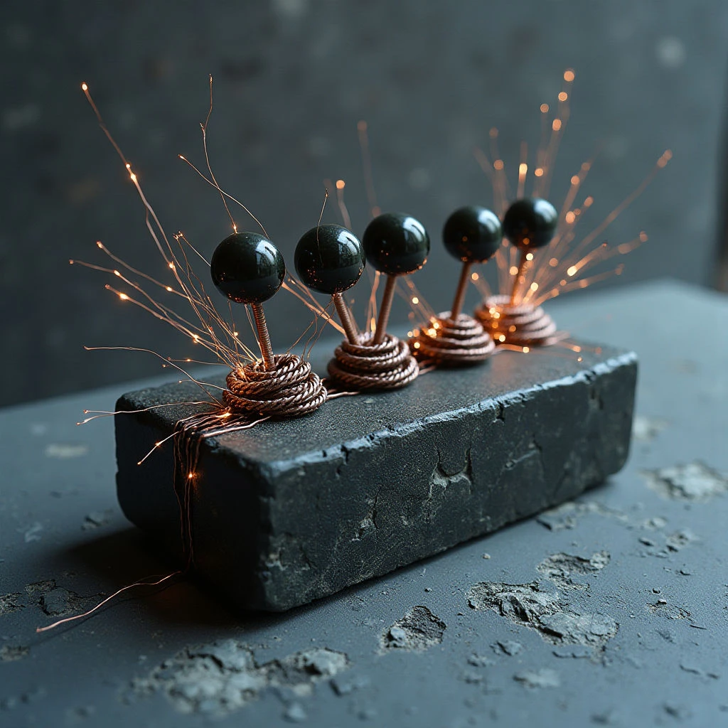 The image features a dark color palette dominated by shades of gray and copper, with small bursts of orange sparks emanating from metallic pins inserted into a rectangular block. The block and surface have a rough texture contrasting with the smooth, spherical heads of the pins, while the sparks create a chaotic network of thin lines extending upwards. Light appears to be focused on the center of the composition, highlighting the pins and casting soft shadows around the block and its base.