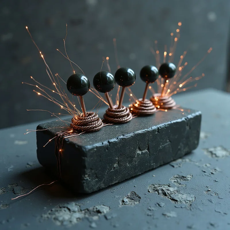 The image features a dark color palette dominated by shades of gray and copper, with small bursts of orange sparks emanating from metallic pins inserted into a rectangular block. The block and surface have a rough texture contrasting with the smooth, spherical heads of the pins, while the sparks create a chaotic network of thin lines extending upwards. Light appears to be focused on the center of the composition, highlighting the pins and casting soft shadows around the block and its base.