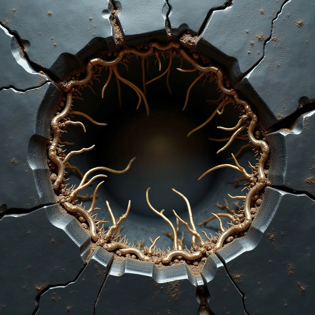 The image features a dark, matte gray surface with a roughly circular opening revealing an interior of twisting, pale golden strands. The edges of the hole are jagged and fractured, surrounded by a granular texture resembling dirt or small debris, while the inner strands appear smooth and organic in contrast. Light diminishes towards the center of the opening, creating a sense of depth and drawing focus to the dark void within.