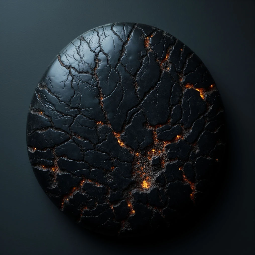 The image features a dark, circular form with a heavily fractured surface against a muted grey background. The texture appears rough and broken, revealing glowing orange points of light within the cracks. Light primarily highlights the raised edges of the fractures, creating contrast and suggesting depth while casting subtle shadows across the shape.