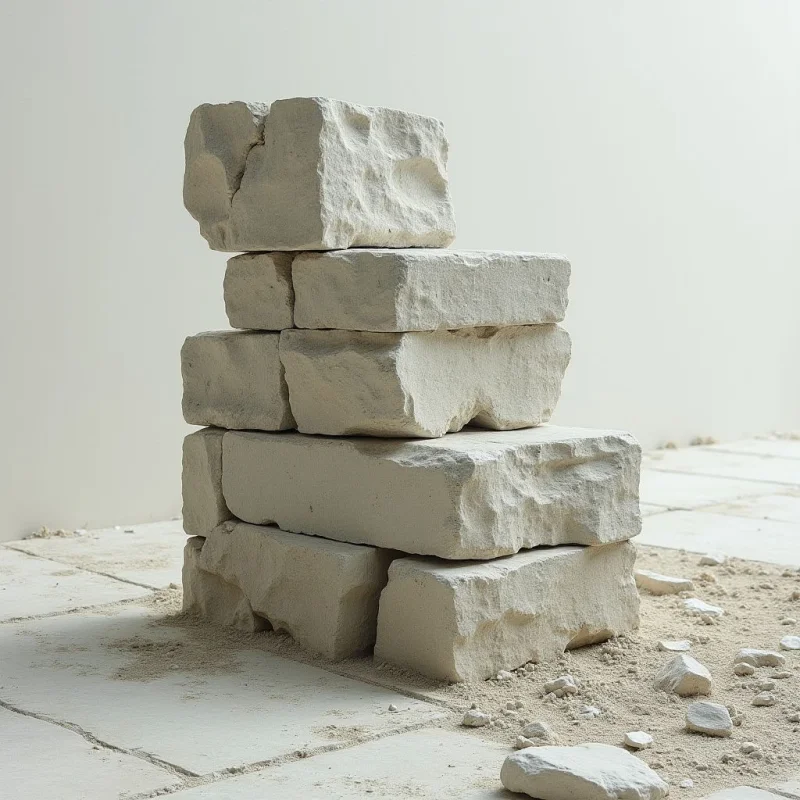 Rough-hewn, off-white stone blocks are stacked in an irregular pile atop a sandy, paved surface. The composition features jagged edges and pitted textures set against a smooth, pale background with soft, diffused lighting. Large rectangular shapes dominate the center, surrounded by smaller fragments scattered across the ground.