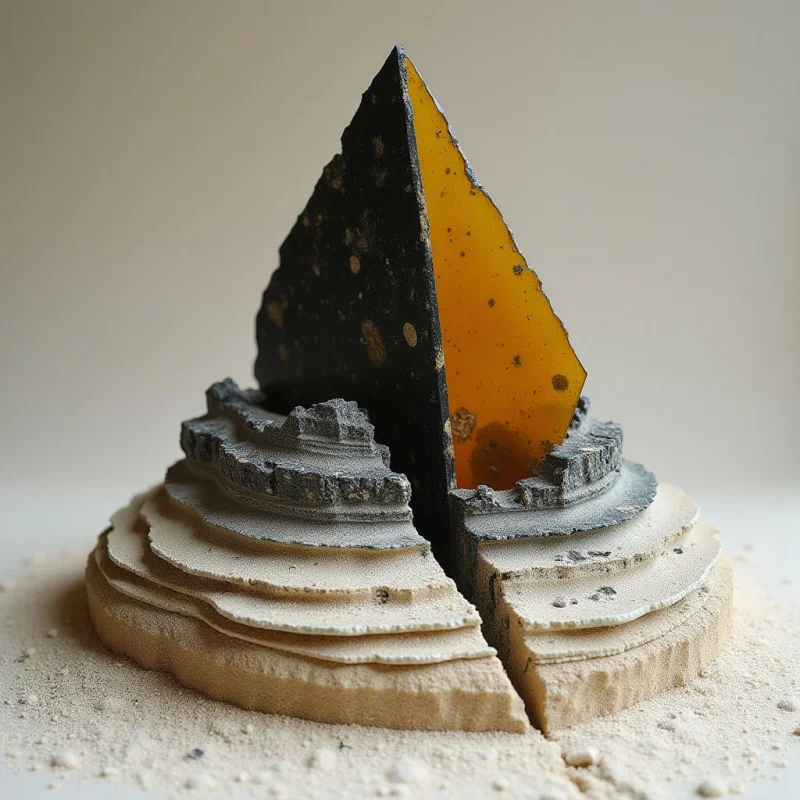 A large, jagged shard of translucent amber material rises vertically from a split in a multi-layered, circular base made of textured tan sand and dark grey stone. The composition features sharp geometric angles contrasted against the soft, granular textures of the tiered foundation and surrounding fine dust. Bright light illuminates the golden transparency of the central shard while casting subtle shadows within the deep crevice of the base.