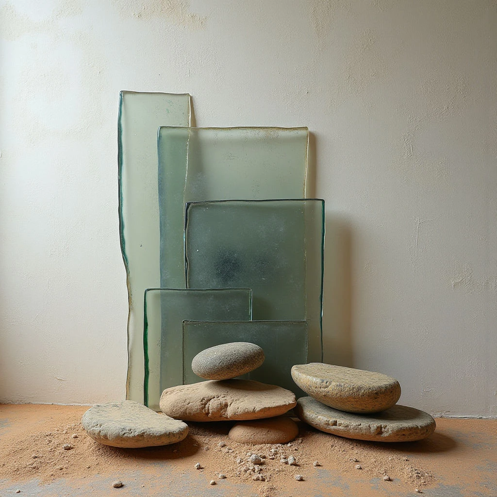The image features a stack of four rectangular glass panes in varying sizes and shades of pale green, leaning against a textured off-white wall. A group of smooth, rounded stones in earthy browns and tans are clustered at the base of the glass, resting on a surface covered with fine sand. Soft light illuminates the scene from the left, creating subtle shadows and highlighting the translucent quality of the glass and the rough texture of the wall.