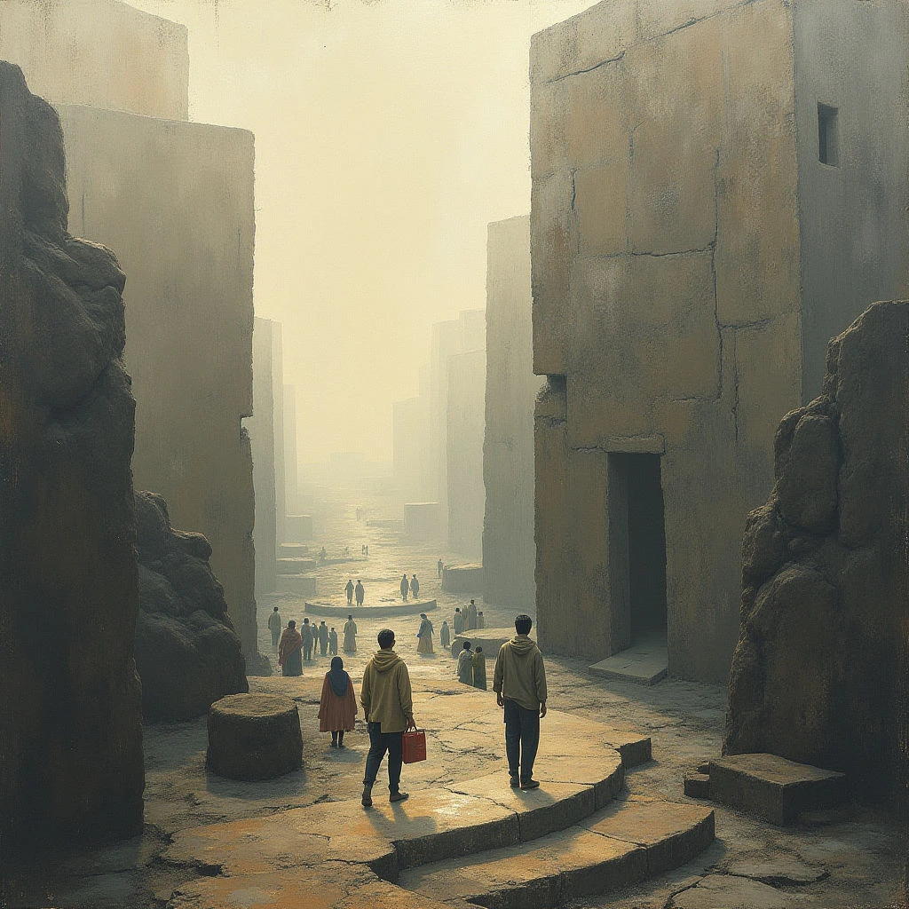 The image depicts a long, narrow street flanked by massive, rectangular structures in varying shades of tan and grey. A hazy, pale light source illuminates the scene from ahead, creating soft shadows and diminishing contrast with distance along the cobblestone path. Small figures are distributed along the pathway, receding into the fog and emphasizing the scale of the architecture and depth of space.