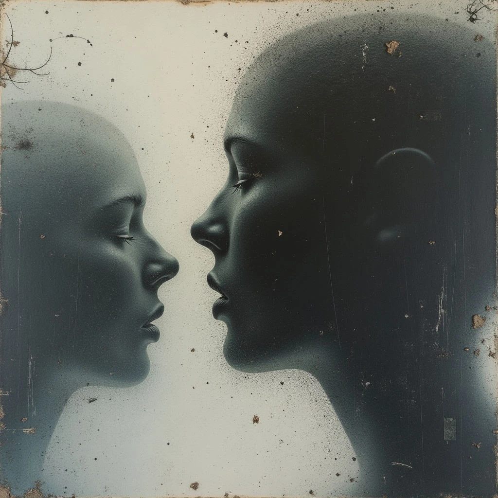 Two identical women’s faces are depicted in profile, facing each other with their eyes closed. One face is rendered in light tones and the other in dark shades, creating a stark contrast between them. The image has an aged, textured quality, as if it's been preserved on an old surface.