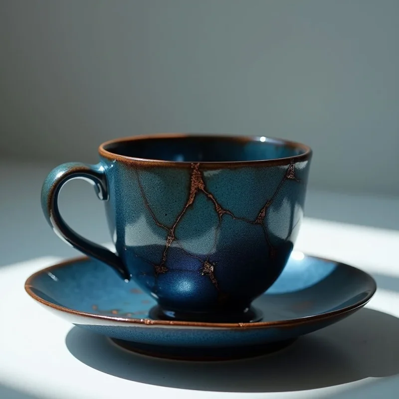 The image features a dark blue ceramic cup and saucer with cracked glaze detailing, set against a muted grey background. A warm brown rim accents both pieces, contrasting with the cooler blues and creating subtle highlights where light reflects off the glossy surfaces. The cup is centered above the saucer on a pale surface, casting soft shadows that suggest a single light source from the left.