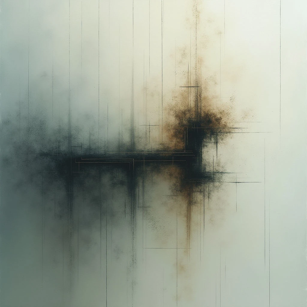 A hazy, abstract composition dominates the frame with muted greens and browns against a pale background. Dark, blurred shapes stretch horizontally across the center, intersected by thin black lines forming a grid-like structure. Subtle speckling and washes of color create depth and texture throughout the piece.
