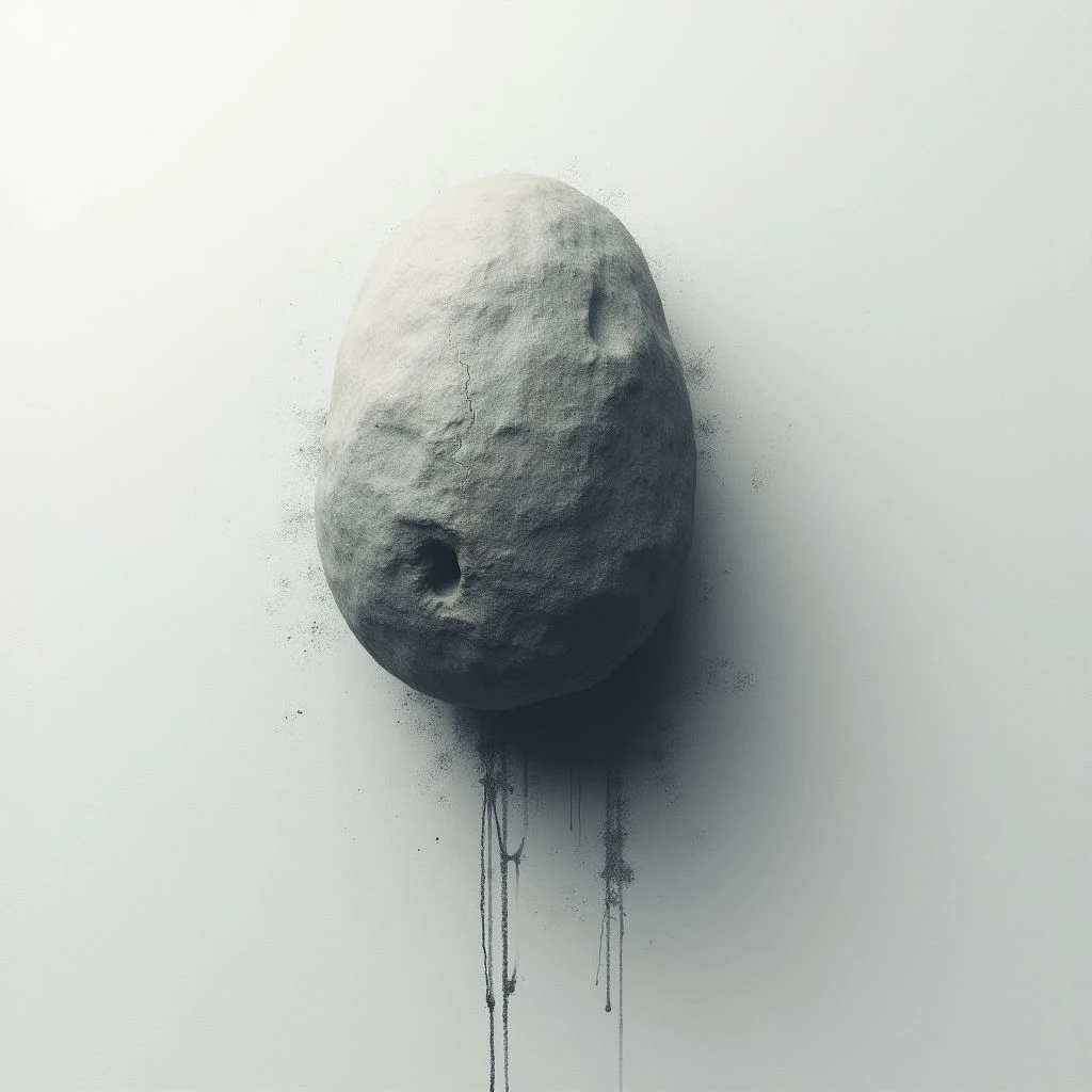 A rough, gray stone shape is pressed against a stark white surface. Dark streaks drip downwards from the bottom of the stone, creating a shadowy stain. The overall impression is minimalist and slightly unsettling, with a focus on texture and contrast.