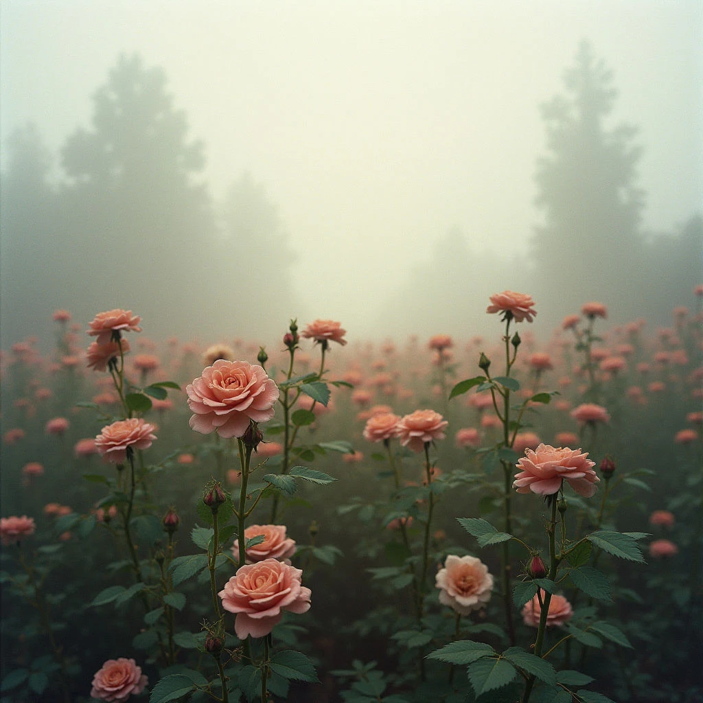A field of peach-colored roses stretches into the distance, their blooms partially open and surrounded by green foliage. A thick fog hangs over the garden, obscuring the trees at the back and creating a soft, hazy atmosphere. The overall impression is one of quiet beauty and gentle stillness.
