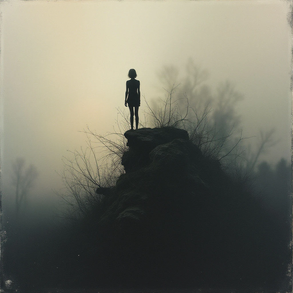 A lone figure stands silhouetted against a pale, hazy sky atop a rocky hill. Bare branches frame the dark shape of the hill and contrast with the indistinct shapes beyond in the fog. The overall mood is somber and isolated, hinting at contemplation or uncertainty.