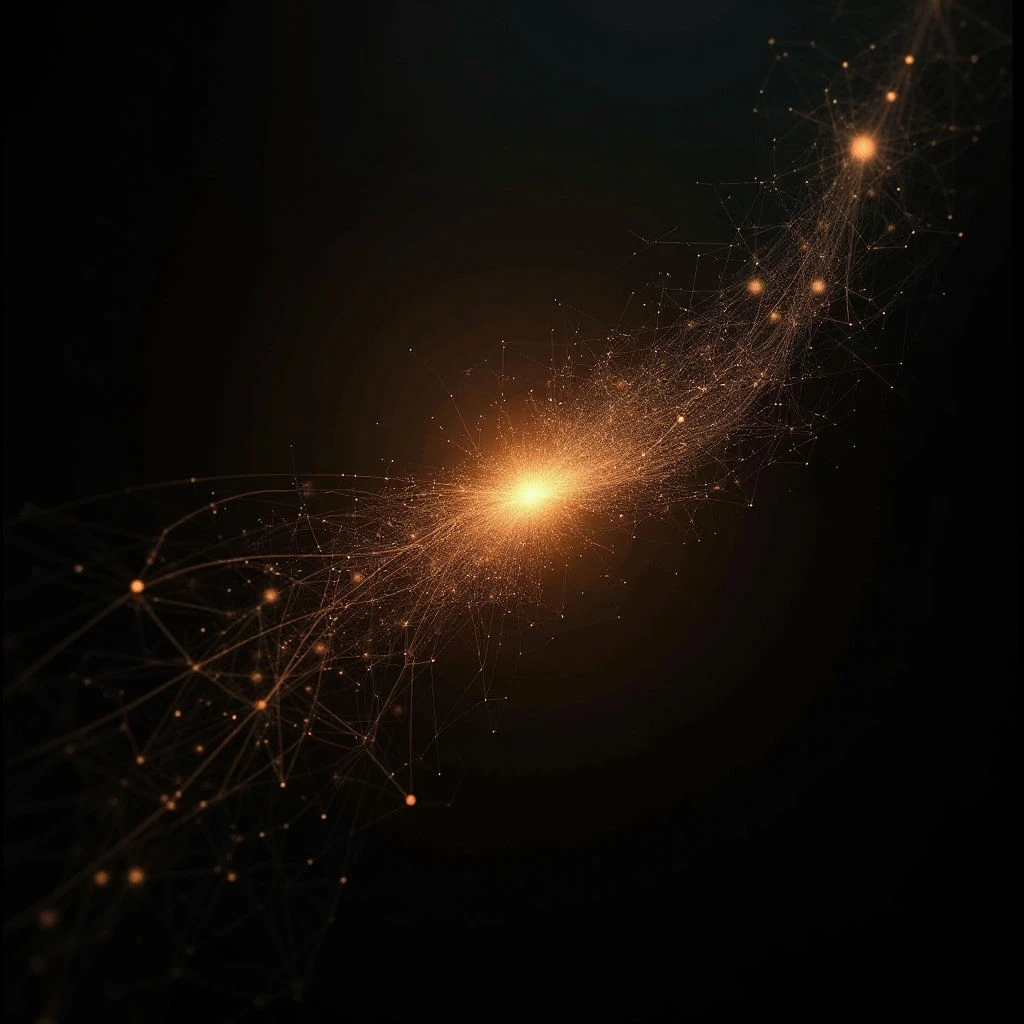 The image is dominated by a dark background with radiating networks of golden and amber light. These lines connect small points of brighter illumination, creating a sense of depth as they extend from a central, intensely bright focal point. The overall texture appears granular and dispersed, suggesting particles or energy emanating outwards in complex, branching shapes.