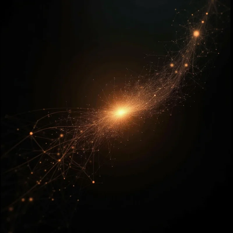 The image is dominated by a dark background with radiating networks of golden and amber light. These lines connect small points of brighter illumination, creating a sense of depth as they extend from a central, intensely bright focal point. The overall texture appears granular and dispersed, suggesting particles or energy emanating outwards in complex, branching shapes.