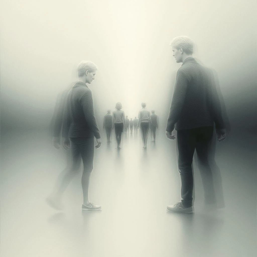 Two young men stand facing each other across a vast, empty space filled with fog. A line of indistinct figures walks between them, receding into the distance and obscured by the haze. The overall tone is somber and isolating, suggesting a separation or confrontation.
