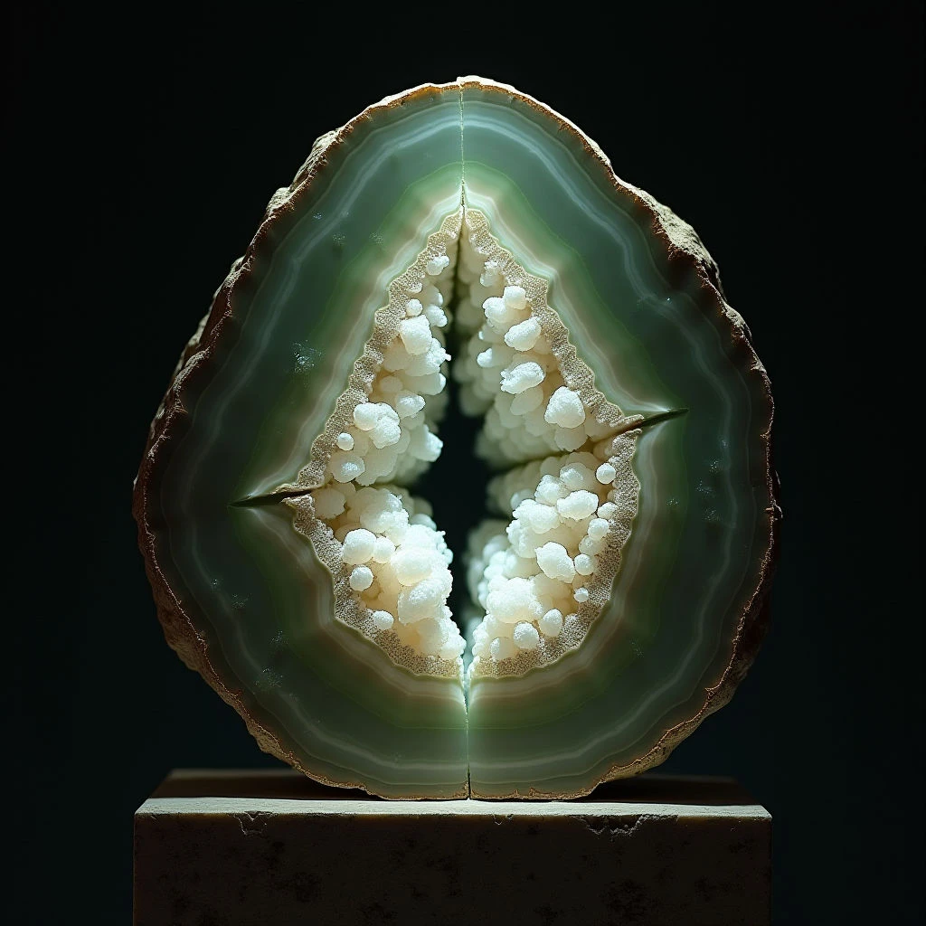 The image features a roughly circular cross-section of layered stone with bands of pale green transitioning to darker shades at the edges. A central cavity is filled with numerous small, rounded white formations exhibiting a bumpy texture, contrasting with the smooth, polished surfaces of the surrounding layers. Light appears to emanate from within the cavity, creating highlights on the inner forms and casting subtle shadows across the stone's surface, while it rests atop a rectangular base that’s darker in tone.