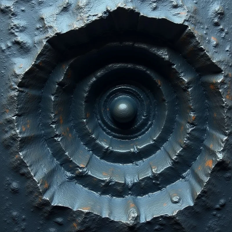 A series of concentric, irregular circular ridges radiates from a smooth central dome, creating a layered, funnel-like depth. The palette is dominated by dark slate blue and charcoal tones, accented by subtle flecks of warm copper or rust within the deep grooves. Light catches the raised edges of the heavily textured, cratered surface, casting soft shadows that emphasize the radial symmetry and recessed contours.