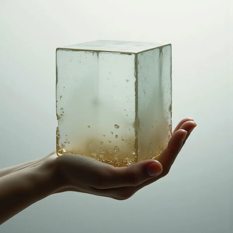 The image features a translucent cube held in a pale hand against a soft, gradient background of white and gray. The cube contains numerous small bubbles suspended within its form, creating varied textures alongside the smooth exterior surfaces; light passes through it, casting subtle shadows and highlights.  Spatial relationships emphasize the size contrast between the hand and the large geometric shape, with the cube appearing to float slightly above the palm.