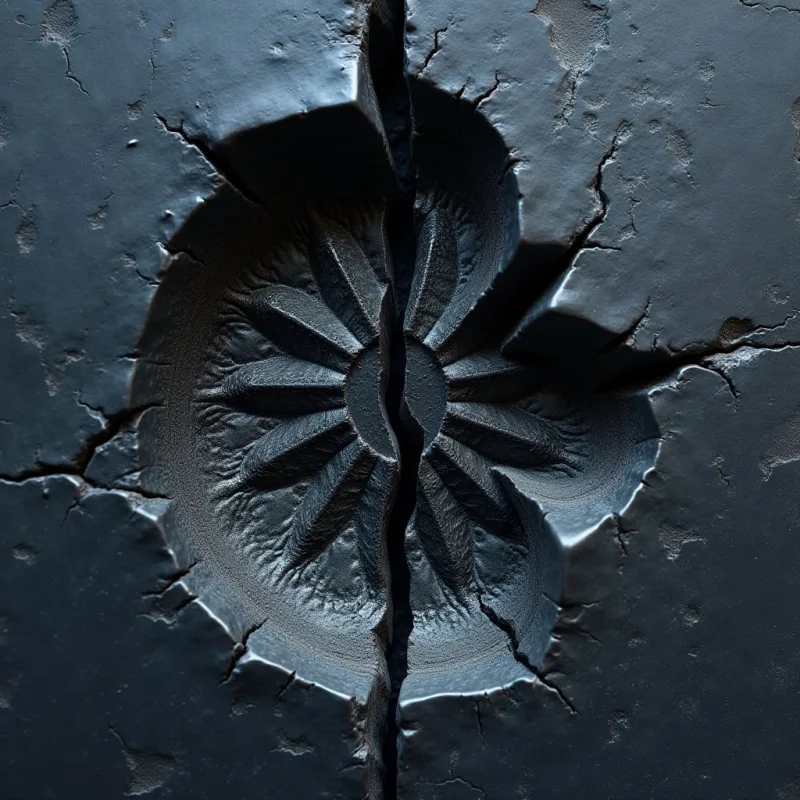 A dark, slate-blue textured surface features a central circular relief with radiating petal-like ridges. A deep vertical fissure bisects the composition, splitting both the smooth outer plane and the intricate inner pattern. Soft, directional light creates subtle highlights on the raised edges and casts shadows within the cracks and grooves.