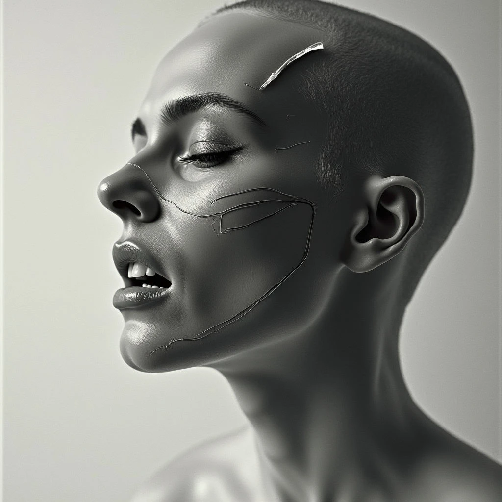 A woman with a shaved head is shown in profile, her eyes closed and mouth slightly open as if speaking or breathing. Dark lines trace the structure of her face—cheekbones, jawline, and lips—creating a stark contrast against her smooth skin. A single hairpin rests on her forehead, adding to the minimalist yet striking composition.
