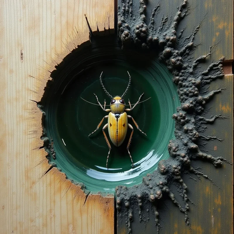 A yellow beetle with dark markings sits centered within a smooth, deep green circular depression. The left side of the composition features light-toned wood grain, while the right side is covered in thick, dark, textured ridges that radiate outward from the central hollow. Light reflects off the glossy surface of the green interior and the beetle's shell, contrasting with the matte textures of the surrounding wood and organic matter.