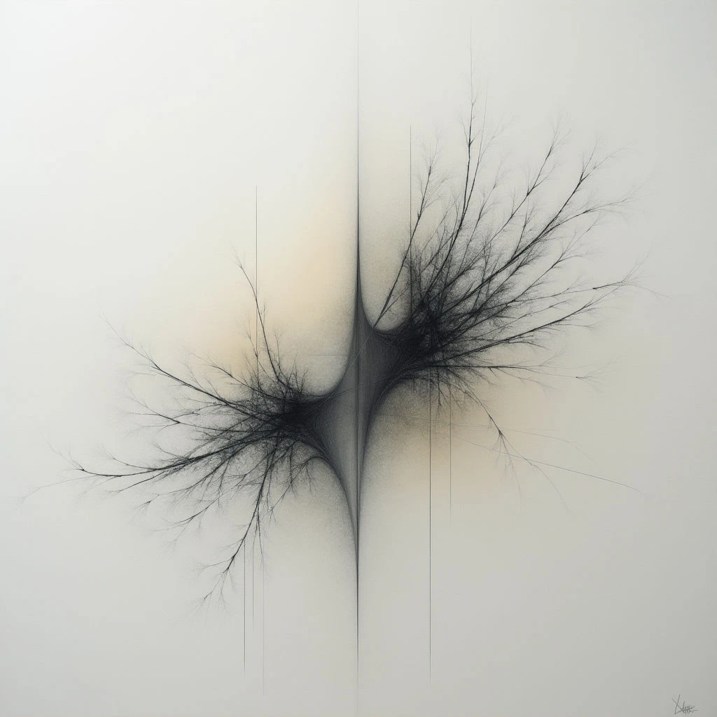 Two symmetrical, dark, branching shapes emerge from a pale background, appearing to stretch outwards like roots or veins. The center where they meet is shadowed and forms a pointed, almost organic form. Thin lines radiate subtly from both sides, enhancing the sense of growth and delicate detail against the smooth, neutral space.