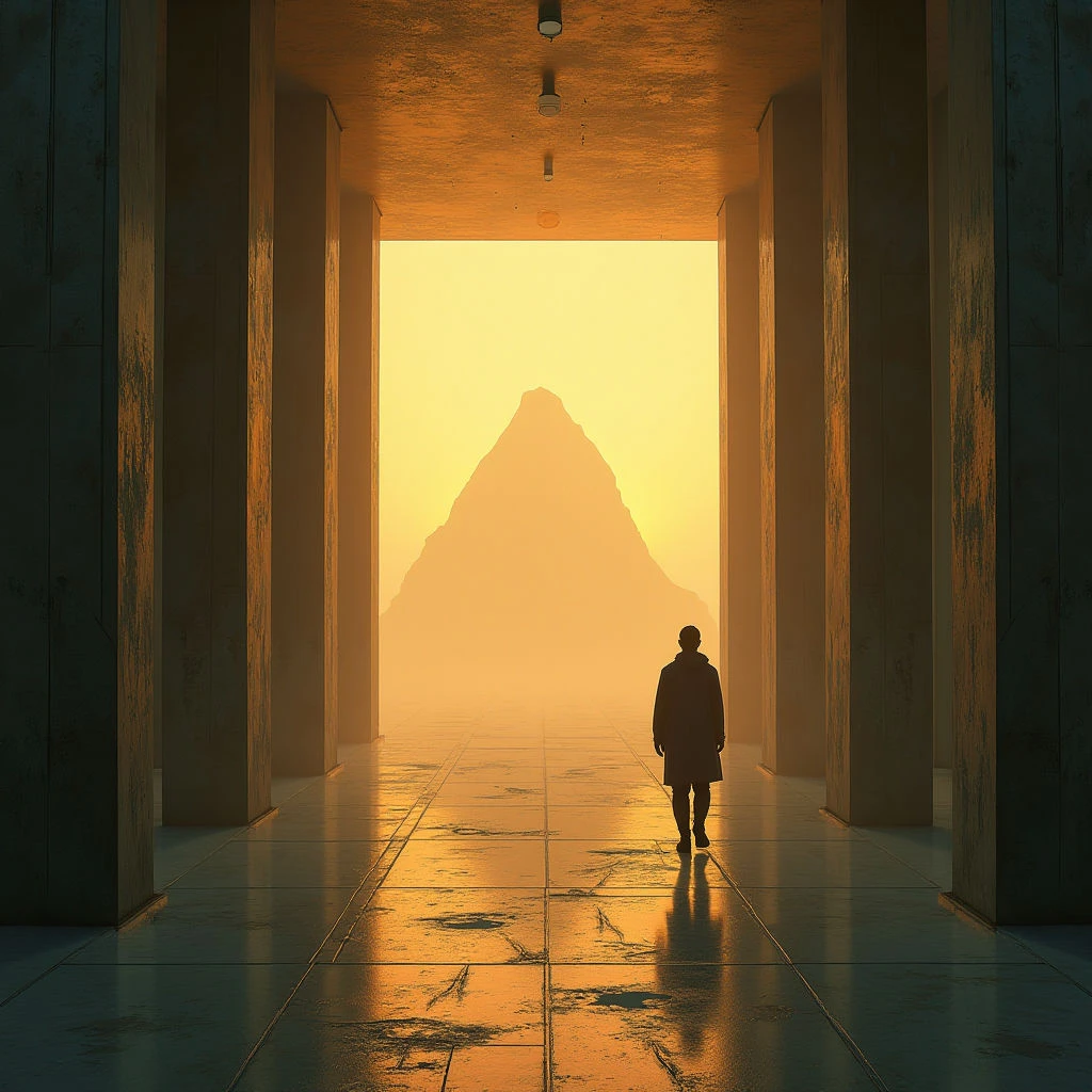 The image is dominated by warm golden hues transitioning from bright illumination at the far end to deeper shadows in the foreground. Rectangular pillars line a long hallway with a smooth, reflective tiled floor leading towards a central pyramidal form shrouded in mist. A single silhouetted figure walks away down the hall, emphasizing linear perspective and a sense of depth within the symmetrical space.
