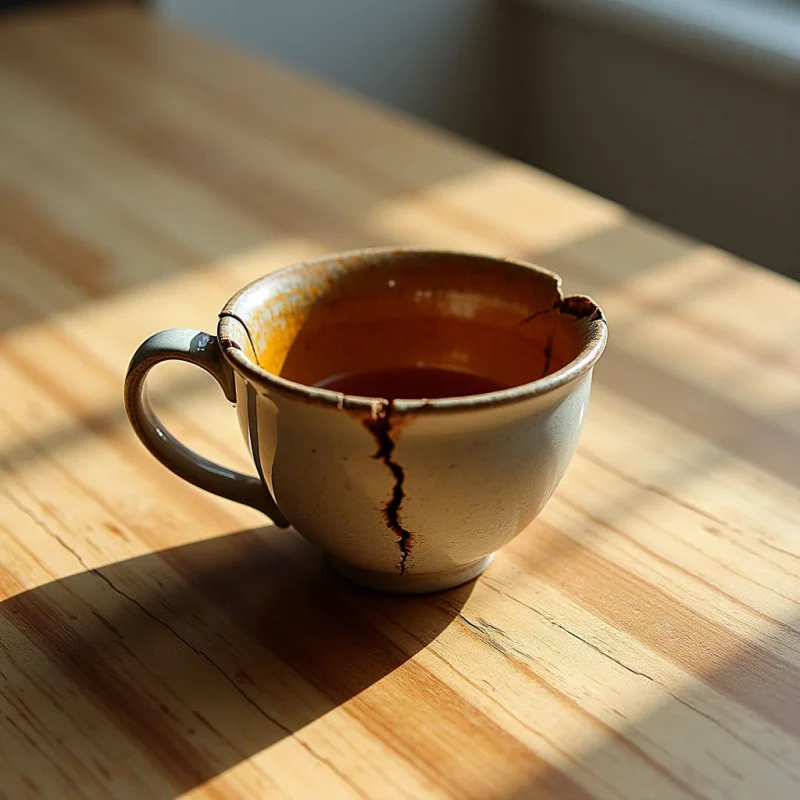 A cracked, cream-colored ceramic cup filled with dark amber liquid sits on a light brown wooden surface marked by linear grain textures. Strong directional light creates sharp diagonal shadows and bright highlights across the scene, emphasizing the irregular edges of the broken rim and the vertical fissure in the cup's body. The composition places the central vessel in the midground against a softly blurred background of muted tones.