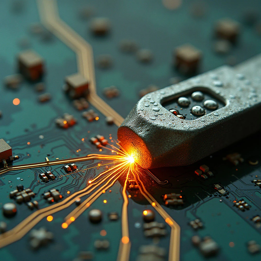 The image features a dark teal surface covered in intricate gold circuitry and small, blocky components. A larger, textured grey object with circular details presses down onto the board, creating a bright orange burst of light at the point of contact. Shapes are primarily geometric – lines, squares, and circles – and spatial relationships suggest depth with diminishing scale into the background, while light sources appear both emanating from the central impact and reflecting off metallic surfaces.