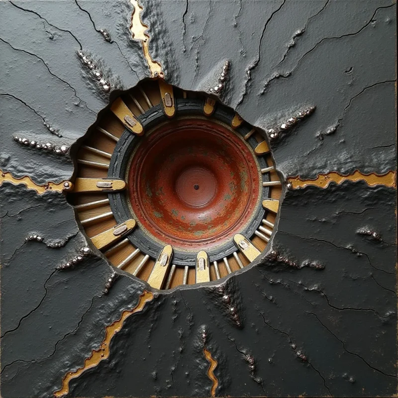 A dark gray, cracked surface radiates outward from a central circular void, revealing glimpses of an underlying tan material. Within the center, concentric terracotta-colored rings descend into a deep well, framed by a ring of small, rectangular wooden segments. Jagged, raised textures and irregular fissures break up the matte gray expanse, creating a sense of depth through layered spatial relationships.