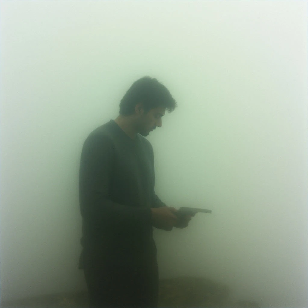 A man stands alone, looking down at something he holds in his hands. He’s enveloped by a thick, pale fog that obscures everything beyond him. The overall tone is somber and isolated, with the muted colors adding to the feeling of detachment.