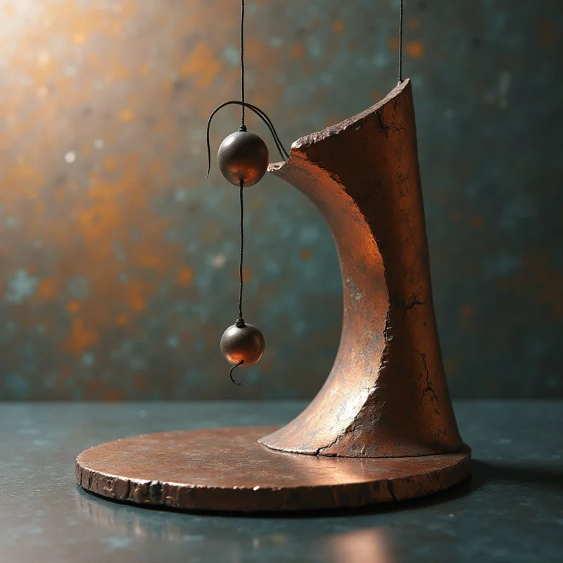 A copper-toned, curved sculptural form with a rough, metallic texture sits on a circular base against a mottled teal and bronze background. Two smooth, dark spherical weights hang from thin vertical lines, positioned within the hollow arc of the structure. Soft light creates highlights on the metallic surfaces and casts subtle shadows across the textured base and backdrop.