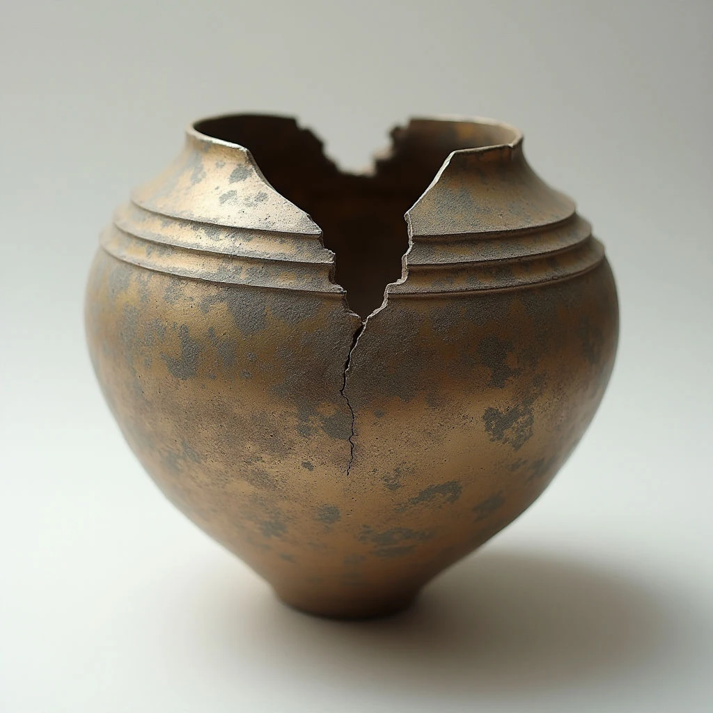 The object is a rounded vessel with a narrow base and widening form, fractured across its upper portion. Its surface displays a mottled range of bronze and gray tones, exhibiting a rough texture with visible speckling and areas of discoloration. Soft, diffused light creates gentle gradients on the form and casts a subtle shadow onto the neutral background, emphasizing its three-dimensional presence.