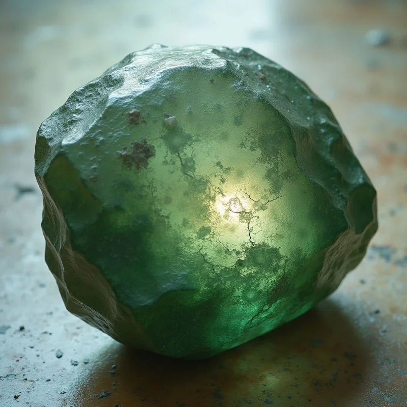The image features a roughly polygonal, translucent green object resting on a mottled surface of browns and greens. Light appears to be passing *through* the object, creating bright highlights and internal reflections with branching patterns visible within its form. The texture is uneven across both the object’s facets and the ground plane, suggesting roughness despite the overall smoothness of the material.