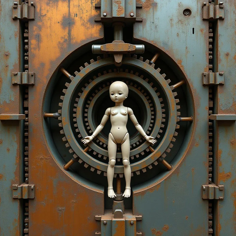 A pale, smooth-textured mannequin is centered within a large, dark circular gear structure. The background consists of weathered metal panels featuring a mix of dull blue and rusty orange tones with gritty, oxidized textures. Heavy, blocky mechanical hinges and bolts frame the composition, creating a sense of enclosed, industrial depth.