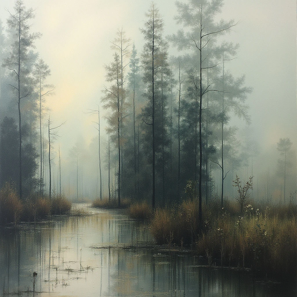 Tall, slender trees rise from a still body of water shrouded in thick fog. The muted palette of grays and browns creates a sense of quiet solitude, with a soft light filtering through the mist. Reeds line the shore, their reflections mirroring in the calm surface below.