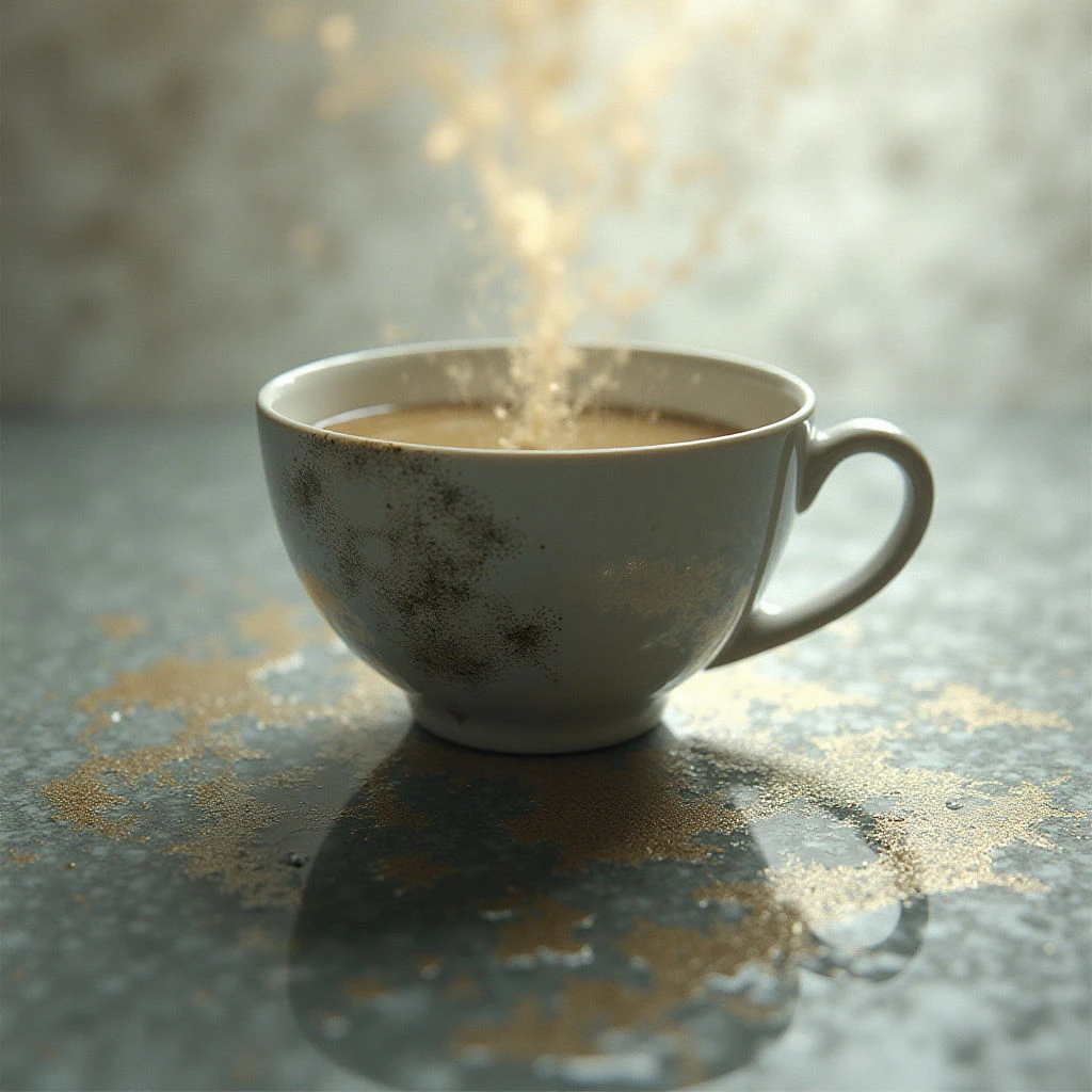 A white mug sits on a dark, speckled surface, filled with a brown liquid that appears to be coffee. Golden dust is falling into the cup from above, scattering across both the drink's surface and the surrounding table. The reflection of the mug is visible in the glossy tabletop, mirroring the scattered particles.