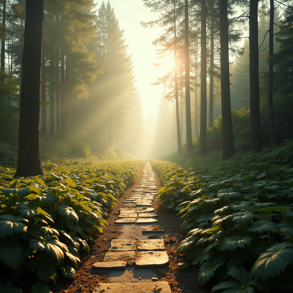 A stone path cuts straight through a dense forest of tall trees, lined with lush green foliage on both sides. Sunlight streams down from the end of the path, creating a bright glow and hazy atmosphere. The scene feels peaceful and inviting, drawing the eye towards the light at the far distance.