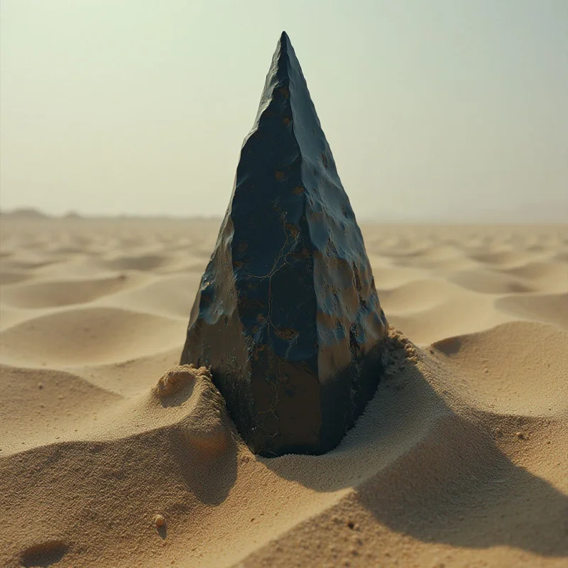A large, dark, pyramidal stone with a jagged and reflective texture sits embedded in undulating sand dunes. The composition features a monochromatic tan desert landscape under bright, diffused light that casts soft shadows across the granular surface of the dunes. The sharp, geometric silhouette of the black object contrasts against the organic, flowing shapes of the surrounding terrain.