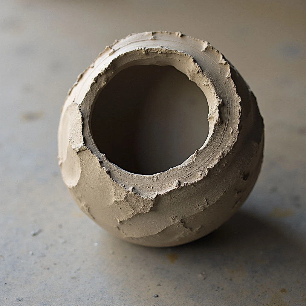 The image features a roughly spherical object in shades of tan and beige, resting on a similarly colored flat surface. The object’s texture is uneven and granular with visible cracks and layered formations, contrasting slightly with the smoother background plane. Light appears to be coming from above and to the left, creating shadows within the central opening and along the lower portion of the sphere.