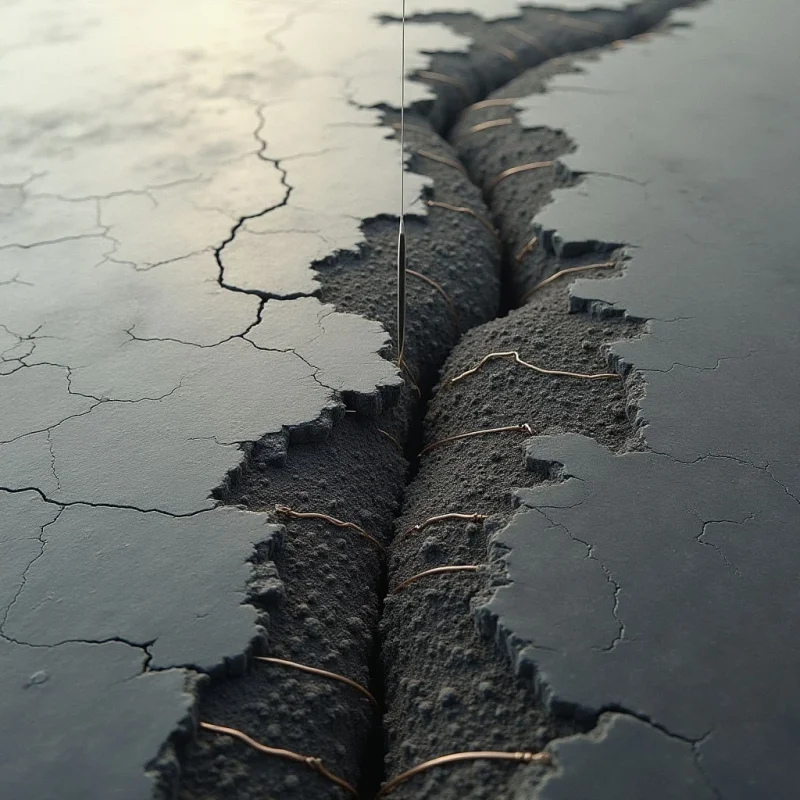 A deep fissure splits a monochromatic gray surface, revealing a dark, granular interior textured with coarse earth. Thin, metallic wires or filaments stretch across the gap, connecting the jagged edges of the cracked ground. The scene is illuminated by soft, diffused light that casts subtle shadows within the crevice and highlights the uneven topography of the landscape.
