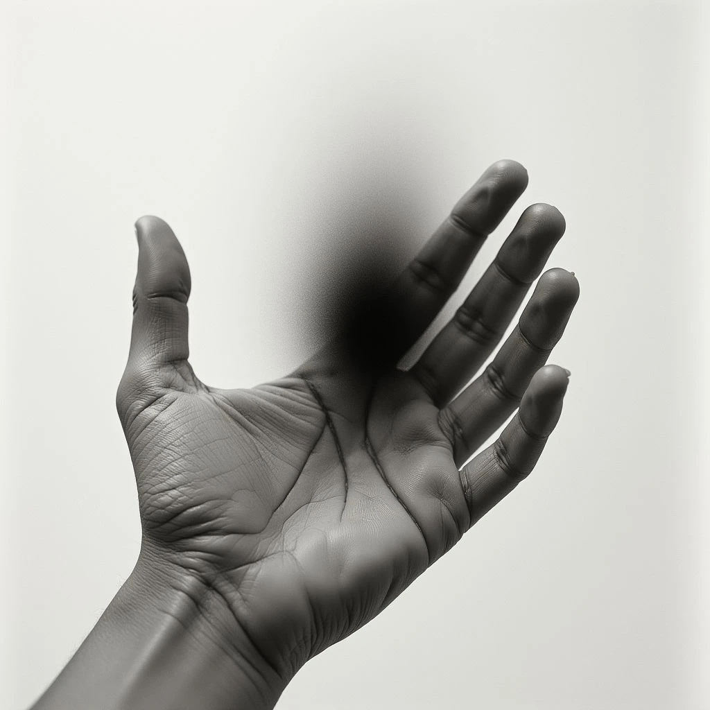 A dark-skinned hand is held open, palm up, against a neutral background. The fingers and the space above the palm appear blurred and shadowy, as if something is dissolving or fading away. The rest of the hand is sharply in focus, revealing detailed skin texture and lines.