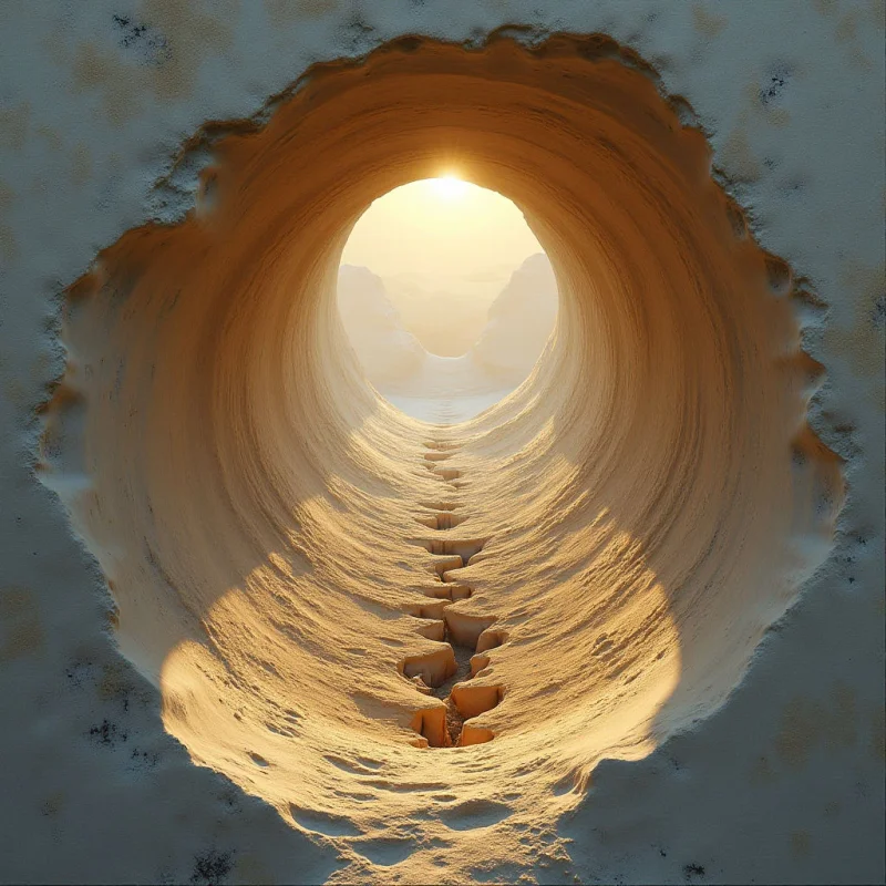The image depicts a roughly cylindrical tunnel carved into pale sand, leading towards a bright, distant sun and blurred mountain forms. Warm tones of beige and gold dominate the color palette, with shadows creating texture along the undulating inner walls of the tunnel. The composition emphasizes depth through converging lines and diminishing scale, drawing the eye from the immediate foreground to the light source at the far end.