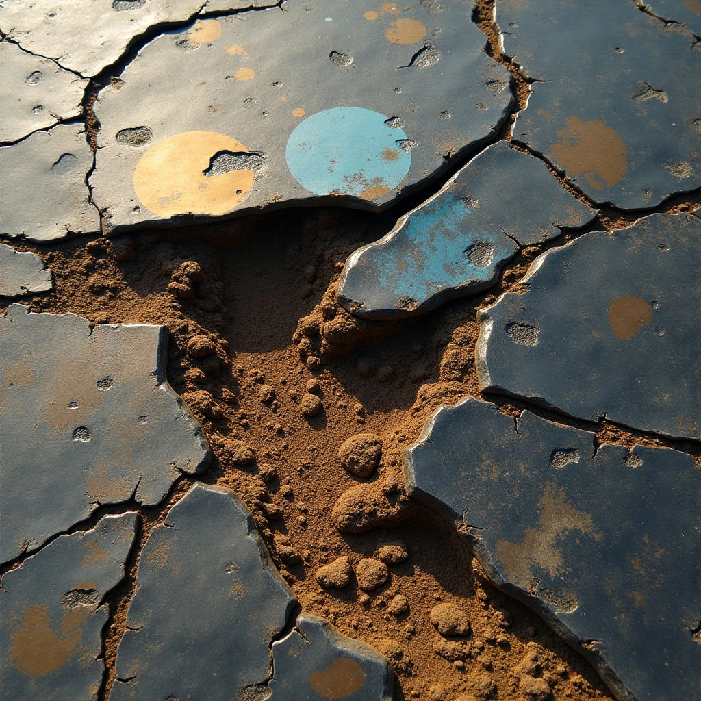 The image features a dark, cracked surface with interspersed circular forms in shades of gold and blue. The texture is primarily rough and fragmented, contrasting with the smoother circles and the granular material filling the cracks between broken pieces. Light appears to come from above, creating shadows within the crevices and highlighting variations in the surface’s depth and spatial arrangement.