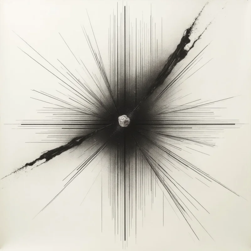 A central dark mass serves as the focal point, from which thin black lines and a thick, jagged diagonal streak radiate outward against an off-white background. The composition features sharp, linear textures contrasted by soft, stippled gradients that create a sense of depth around the core. Light appears to emanate from the center, emphasizing the radial symmetry and the spatial expansion of the dark elements into the surrounding void.